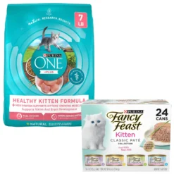 Fancy Feast Tender Feast Variety Pack Canned Kitten Food & Purina ONE +Plus Healthy Kitten Formula Natural Dry Cat Food