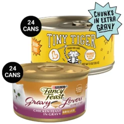 Tiny Tiger Chunks In EXTRA Gravy Chicken Recipe Grain-Free Canned Cat Food & Fancy Feast Gravy Lovers Chicken Feast In Grilled Chicken Flavor Gravy Canned Cat Food