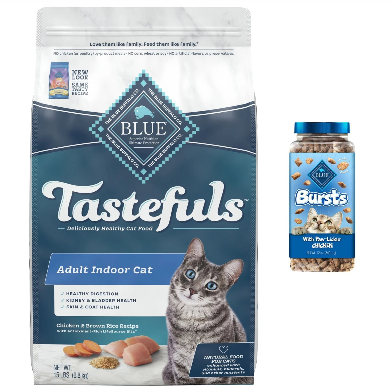 Blue Buffalo Tastefuls Chicken Indoor Natural Adult Dry Cat Food & Blue Buffalo Bursts With Paw-Licken Chicken Cat Treats 1 Blue Buffalo Tastefuls Chicken Indoor Natural Adult Dry Cat Food & Blue Buffalo Bursts With Paw-Licken Chicken Cat Treats