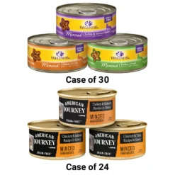American Journey Minced Poultry & Seafood In Gravy Variety Pack Grain-Free Canned Cat Food & Wellness Complete Health Minced Poultry Pleasers Variety Pack Grain-Free Canned Cat Food
