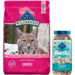 Blue Buffalo Wilderness Salmon Recipe Grain-Free Dry Cat Food & Blue Buffalo Bursts With Savory Seafood Cat Treats