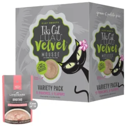 Tiki Cat Luau Velvet Mousse Variety Pack Grain-Free Wet Cat Food, 2.8-oz Pouch, Case Of 12 & American Journey Landmark Broths Tuna, Shrimp & Whitefish Recipe Wet Cat Food Complement Pouches, 1.4 Oz Case Of 16