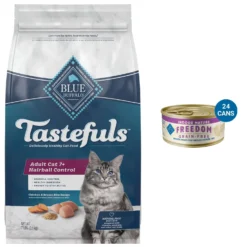 Blue Buffalo Tastefuls Hairball Control Natural Chicken & Brown Rice Recipe Adult 7+ Dry Cat Food & Blue Buffalo Freedom Indoor Mature Chicken Recipe Grain-Free Canned Cat Food