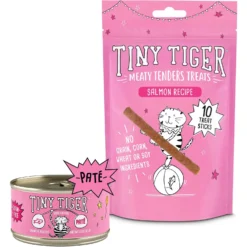 Tiny Tiger, Meaty Tenders Cat Treats, Salmon Recipe & Tiny Tiger Pate Salmon Recipe Grain-Free Canned Cat Food