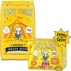 Tiny Tiger, Natural Indoor Recipe Chicken Flavor Dry Cat Food & Tiny Tiger Chunks In Gravy Beef & Poultry Recipes Variety Pack Grain-Free Canned Cat Food