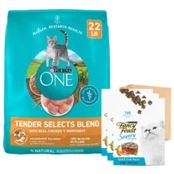 Purina ONE Tender Selects Blend With Real Chicken Dry Cat Food & Fancy Feast Savory Cravings Beef & Crab Flavor Limited Ingredient Soft Cat Treats