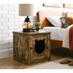Sweet Barks Enclosed House Side Table Cat Litter Box, Rustic Brown -Furry Feast 354503 PT5. AC SS1800 V1640040755