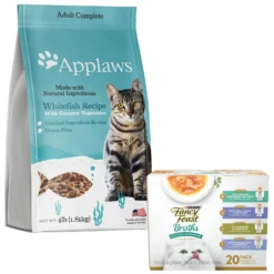 Applaws Adult Complete Whitefish Recipe With Country Vegetables Grain-Free Dry Cat Food & Fancy Feast Classic Collection Broths Variety Pack Complement Wet Cat Food
