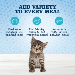 Blue Buffalo Baby Blue Healthy Growth Formula Grain-Free High Protein Chicken & Pea Recipe Kitten Dry Food & Blue Buffalo Baby Blue Healthy Growth Formula Grain-Free High Protein Variety Pack Kitten Wet Food, 3-oz Can, Case Of 6 -Furry Feast 515062 PT4. AC SS1800 V1649343697