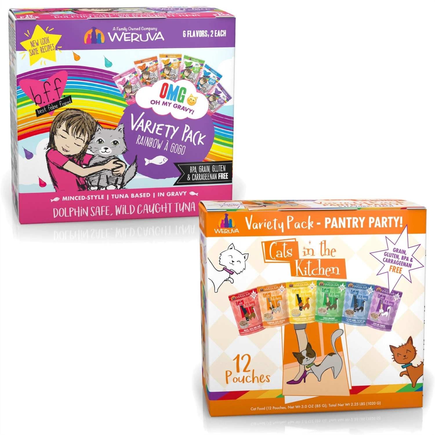 Weruva Cats In The Kitchen Pantry Party Variety Pack Grain-Free Cat Food, 3-oz Pouch, Case Of 12 & BFF Rainbow A Gogo Variety Pack Wet Cat Food Pouches, 3-oz, Case Of 12 1 Weruva Cats In The Kitchen Pantry Party Variety Pack Grain-Free Cat Food, 3-oz Pouch, Case Of 12 & BFF Rainbow A Gogo Variety Pack Wet Cat Food Pouches, 3-oz, Case Of 12