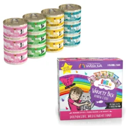 Weruva Cats In The Kitchen Cuties Variety Pack Grain-Free Canned Cat Food & BFF Rainbow A Gogo Variety Pack Wet Cat Food Pouches, 3-oz, Case Of 12