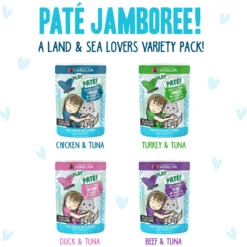 Weruva Best Feline Friend Paté Lovers, Aw Yeah! Paté Jamboree! Variety Pack Grain-Free Wet Cat Food, 2.8-oz Pouch, Case Of 12 & BFF Play Pate Lovers Pate Partay Variety Pack Wet Cat Food, 3-oz Pouch, Pack Of 12 -Furry Feast 611846 PT2. AC SS1800 V1661548671
