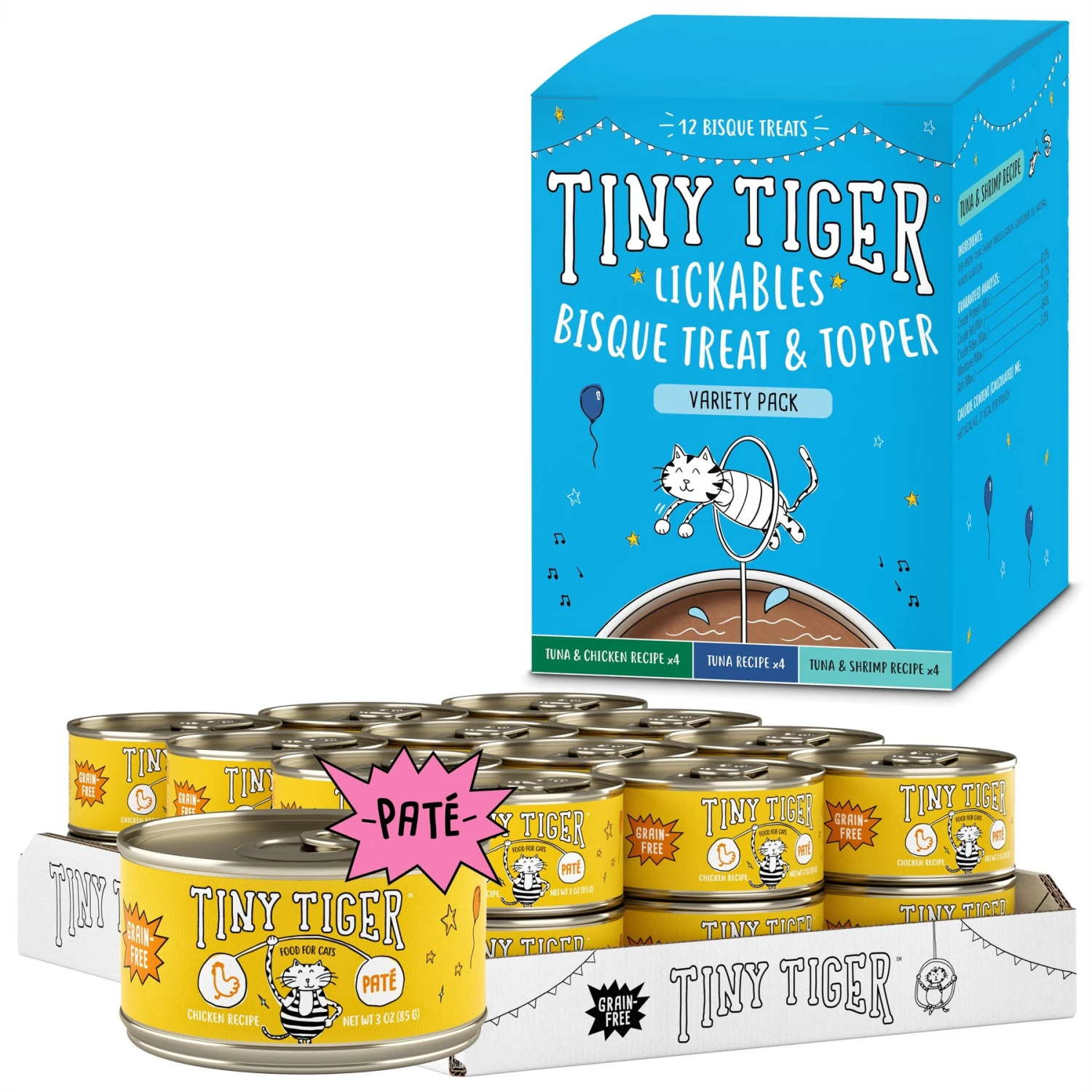 Tiny Tiger Pate Chicken Recipe Grain-Free Canned Cat Food & Tiny Tiger, Lickables, Variety Pack, Bisque Cat Treat & Topper 1 Tiny Tiger Pate Chicken Recipe Grain-Free Canned Cat Food & Tiny Tiger, Lickables, Variety Pack, Bisque Cat Treat & Topper