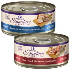 Wellness CORE Signature Selects Shredded Boneless Chicken & Chicken Liver Entree In Sauce Grain-Free Natural Canned Cat Food & Wellness CORE Signature Selects Flaked Skipjack Tuna & Wild Salmon Entree In Broth Grain-Free Canned Cat Food