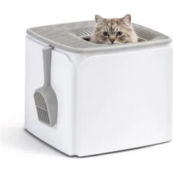 IRIS USA Premium Square Top Entry Cat Litter Box With Scoop, White & Gray, Large