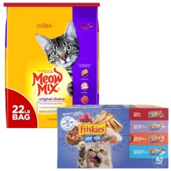 Meow Mix Original Choice Dry Cat Food & Friskies Shreds In Gravy Variety Pack Canned Cat Food