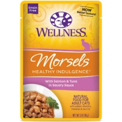 Wellness Healthy Indulgence Morsels With Salmon & Tuna In Savory Sauce Grain-Free Wet Cat Food Pouches, 3-oz, Case Of 24