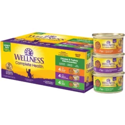 Wellness Complete Health Chicken & Turkey Pate Favorites Variety Pack Grain-Free Wet Cat Food, 3-oz Can, Case Of 12